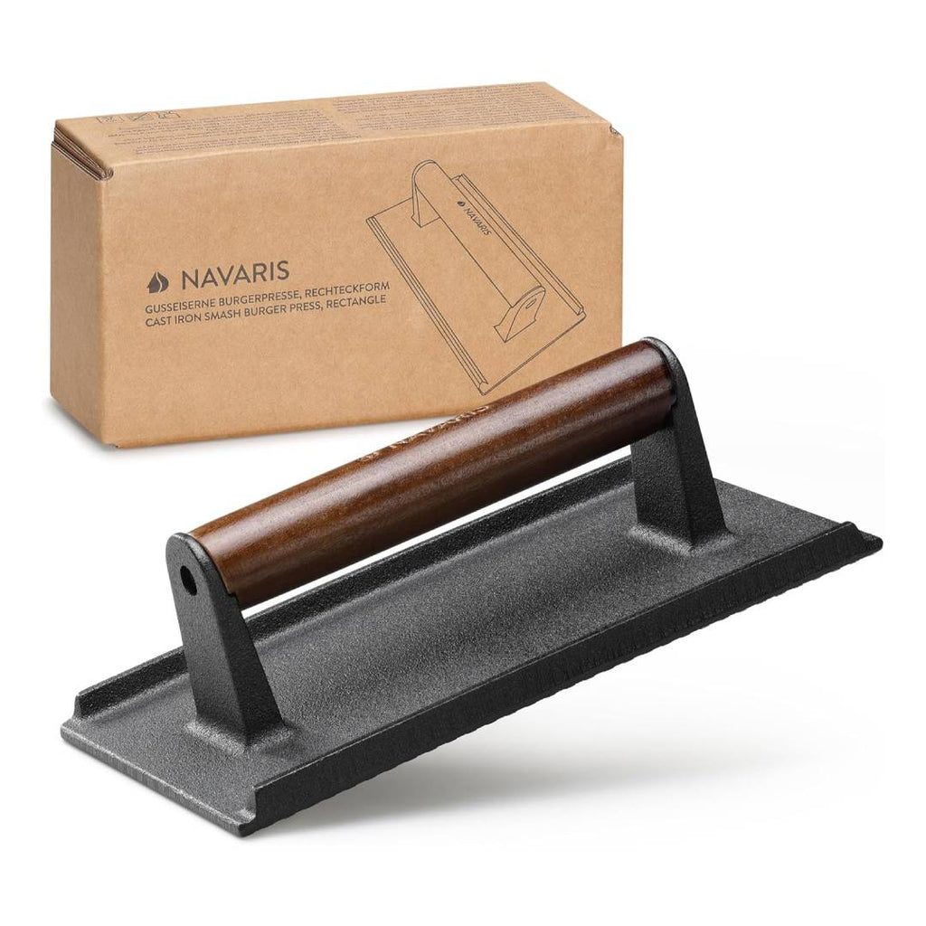 Navaris Smash Burger Press – Rectangular Cast Iron Hamburger Press for Even Grilling & Perfect Sear Marks