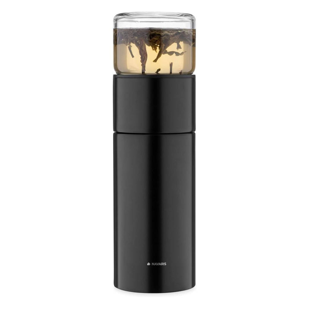 Navaris Steel Tea Bottle 300ml – Insulated Stainless Steel Tea Infuser Bottle with Glass Lid for Tea & Coffee On-the-Go – Black