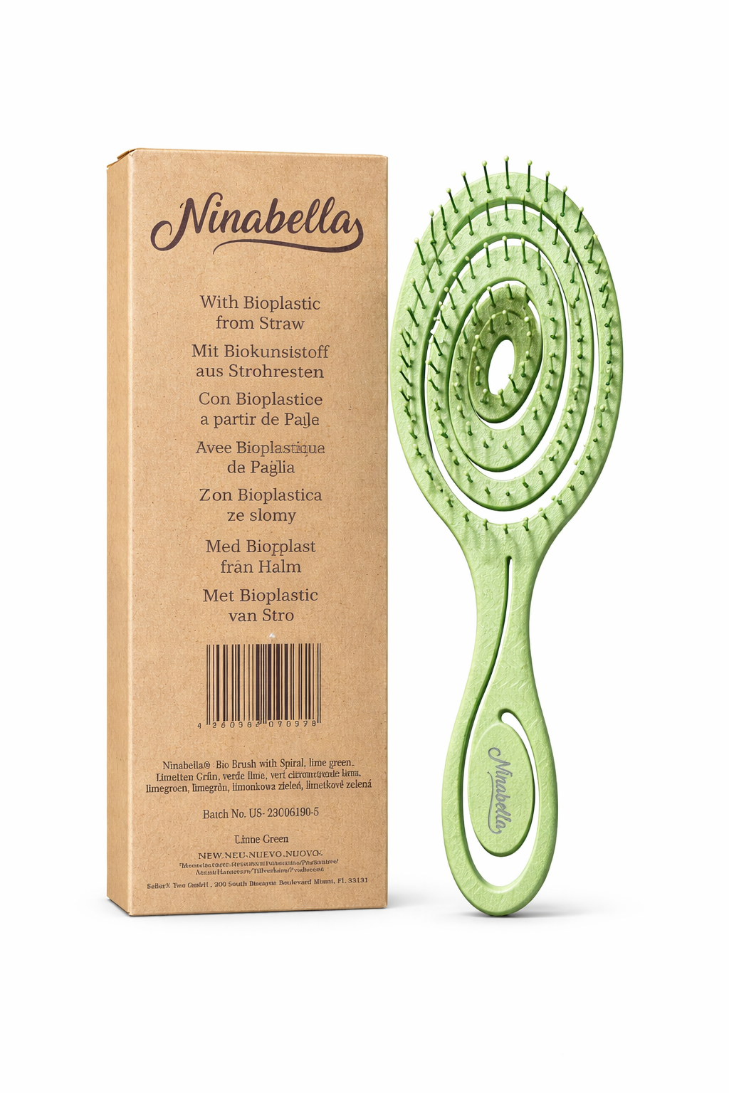 Ninabella Bio Hair Brush with Spiral Design – Detangling Brush, Eco-Friendly Bioplastic (Lime Green)