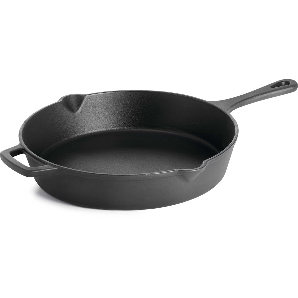 Navaris Cast Iron Skillet – 12" (30cm) Pre-Seasoned Frying Pan with Helper Handle & Pour Spouts for Oven, Stovetop, Grill & Campfire
