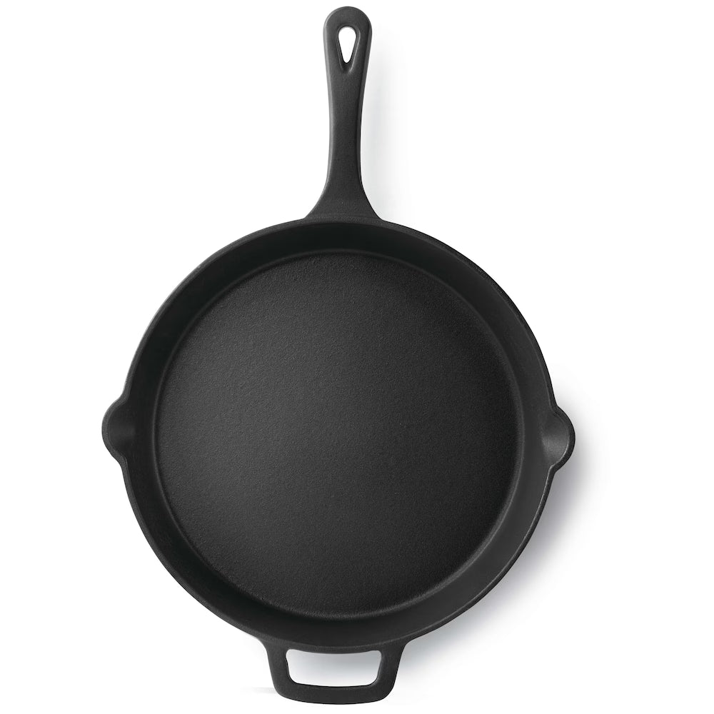 Navaris Cast Iron Skillet – 12" (30cm) Pre-Seasoned Frying Pan with Helper Handle & Pour Spouts for Oven, Stovetop, Grill & Campfire