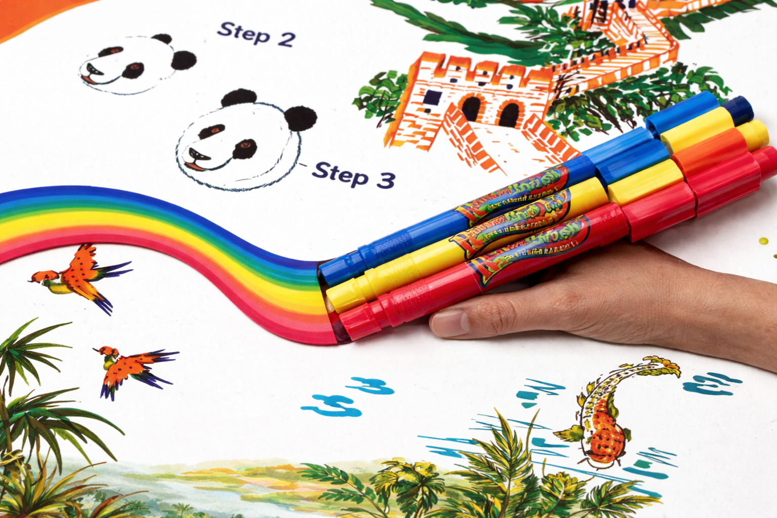 Rainbow Brush Color Blend Markers Set – Creative Drawing Kit with 5 Markers & Instruction Book (Far East Edition)