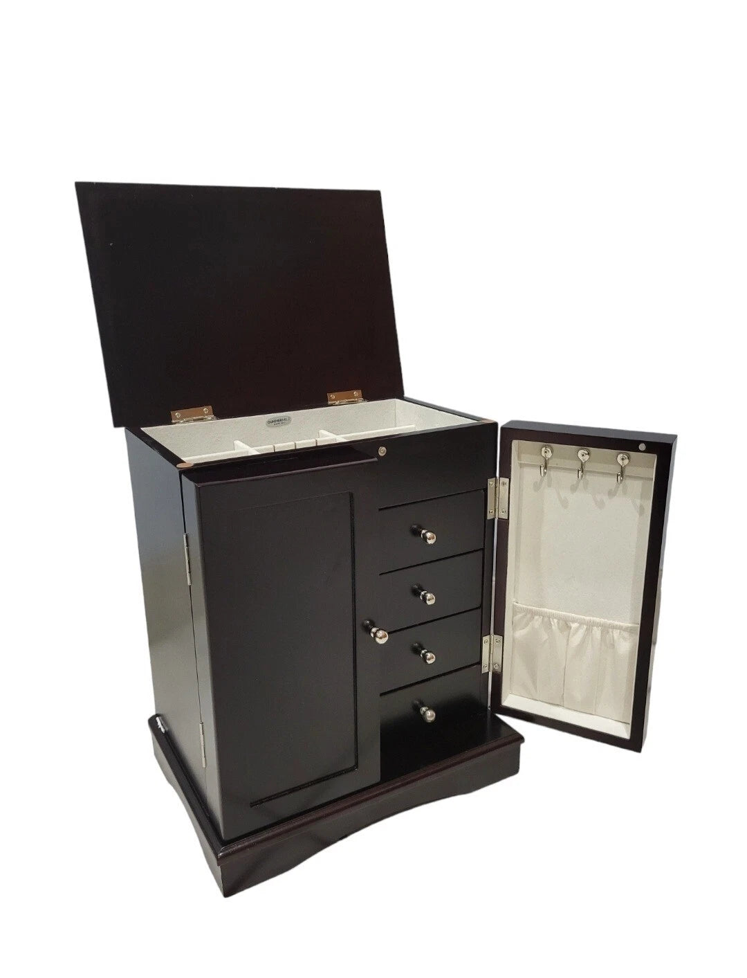 Elegant Wooden Jewelry Armoire Organizer – Multi-Drawer Storage Chest with Mirror Doors & Necklace Hooks (Dark Walnut Finish)