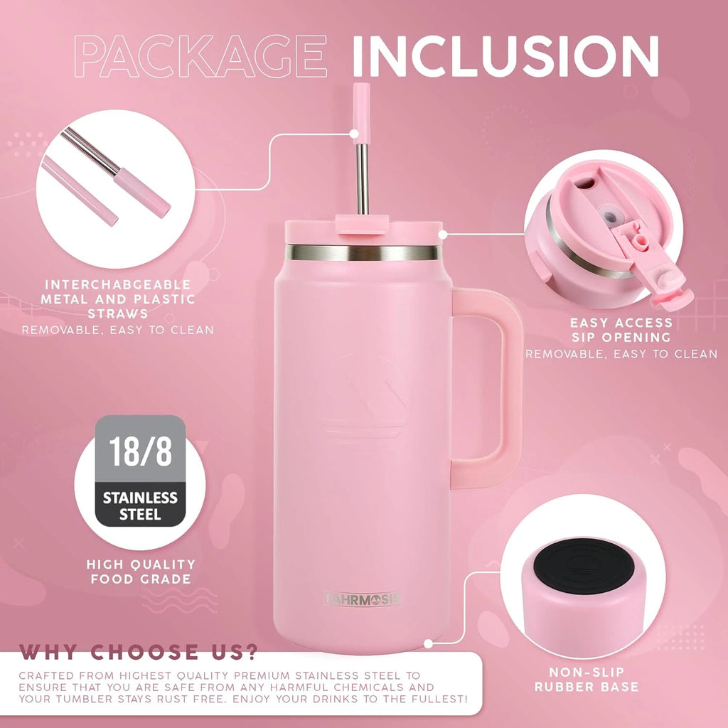 Thermosis 64 oz Insulated Tumbler with Handle – Stainless Steel Travel Mug (Pink)