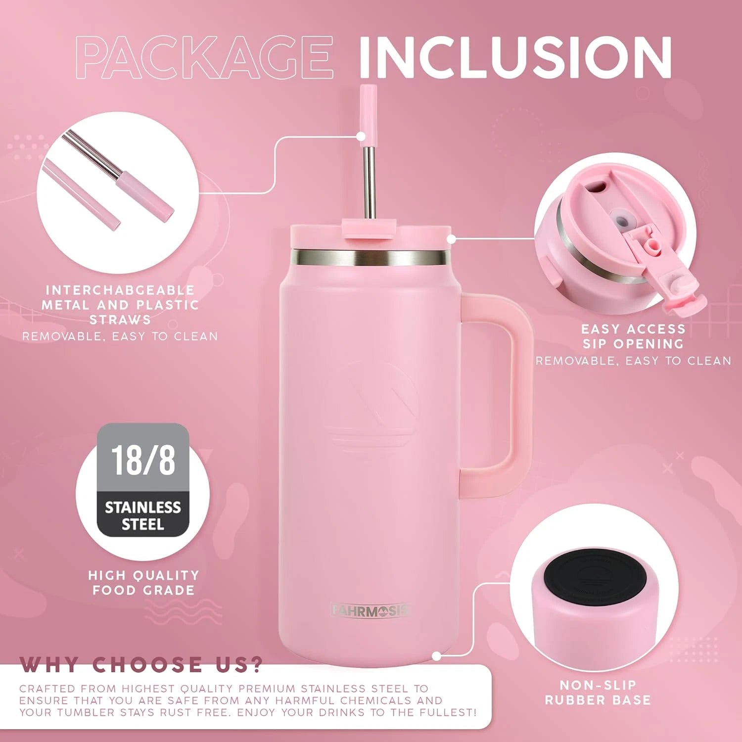 Thermosis 64 oz Insulated Tumbler with Handle – Stainless Steel Travel Mug (Pink)