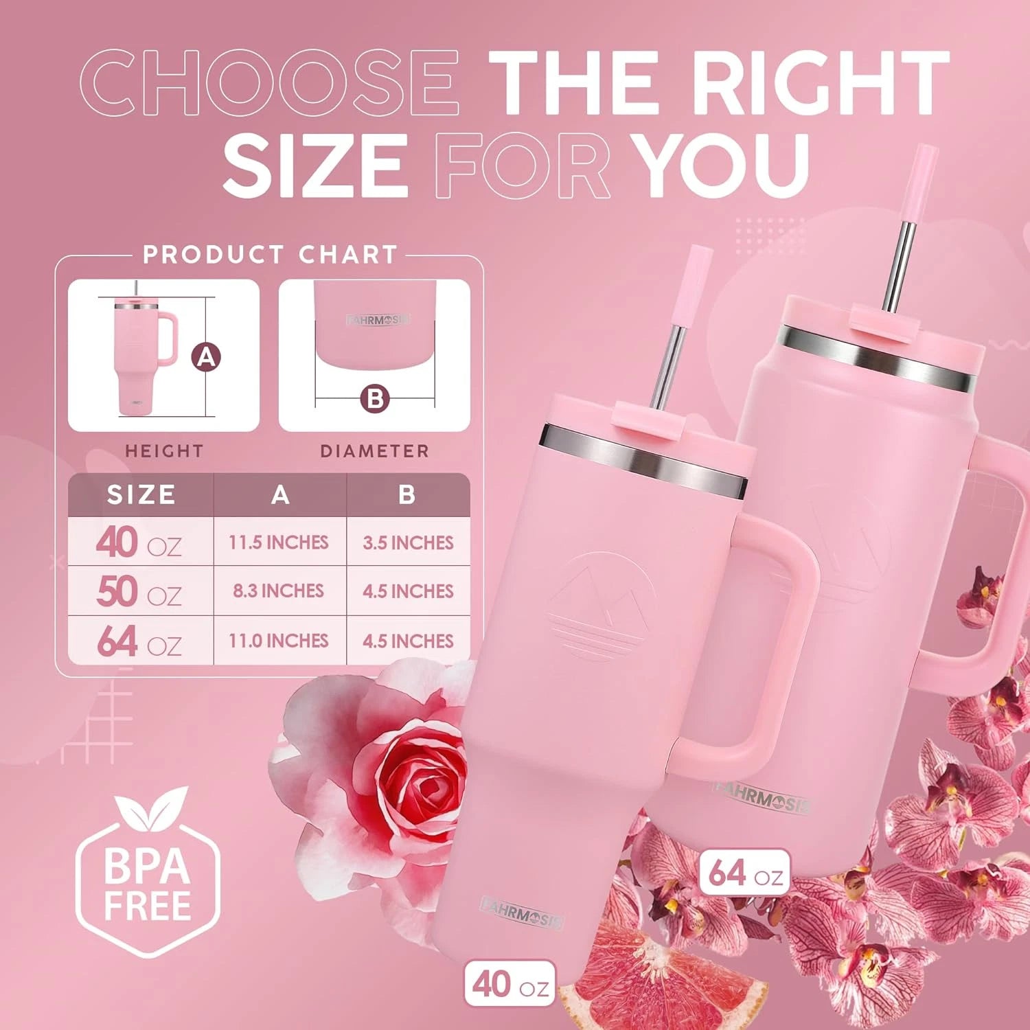Thermosis 64 oz Insulated Tumbler with Handle – Stainless Steel Travel Mug (Pink)