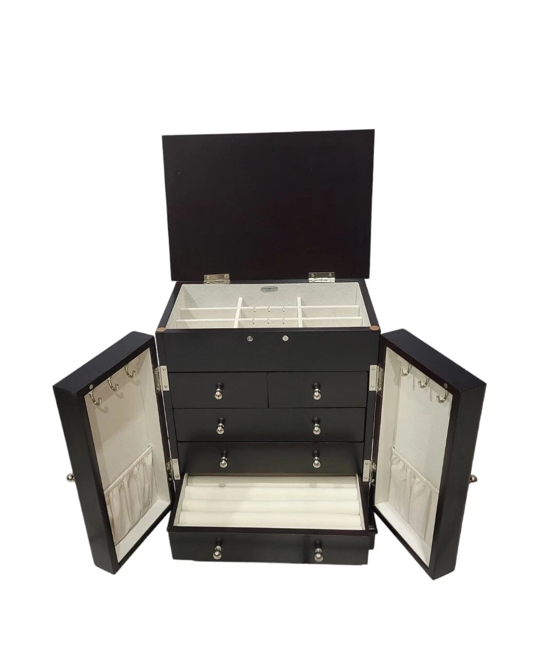 Elegant Wooden Jewelry Armoire Organizer – Multi-Drawer Storage Chest with Mirror Doors & Necklace Hooks (Dark Walnut Finish)