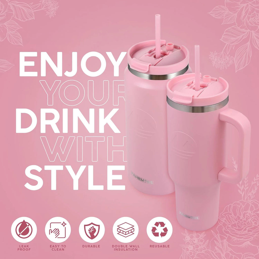 Thermosis 64 oz Insulated Tumbler with Handle – Stainless Steel Travel Mug (Pink)