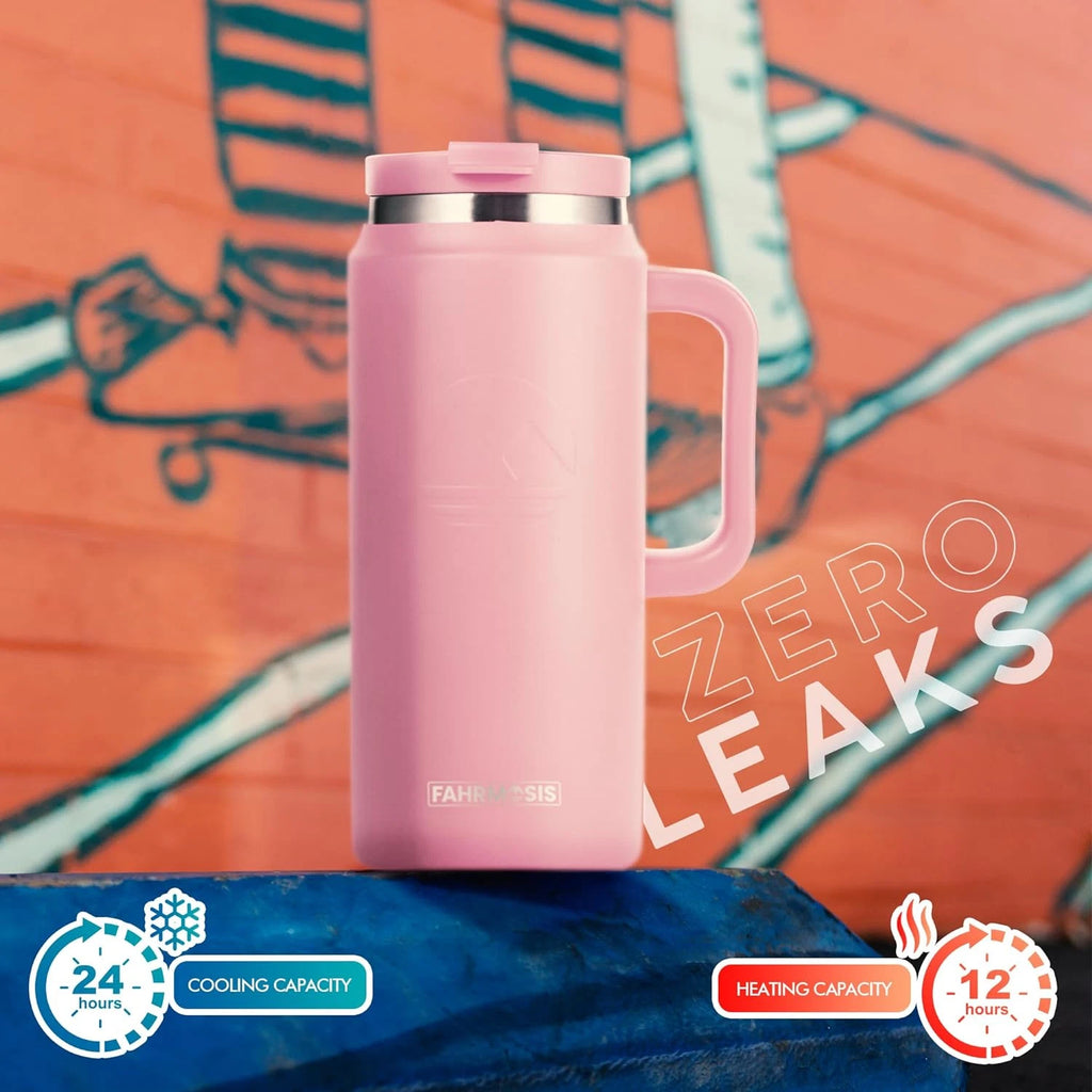 Thermosis 64 oz Insulated Tumbler with Handle – Stainless Steel Travel Mug (Pink)
