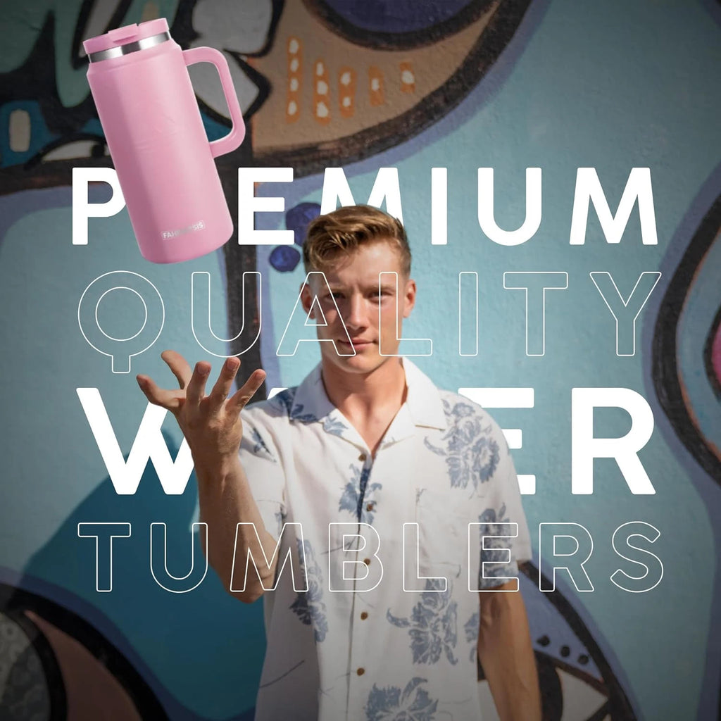 Thermosis 64 oz Insulated Tumbler with Handle – Stainless Steel Travel Mug (Pink)