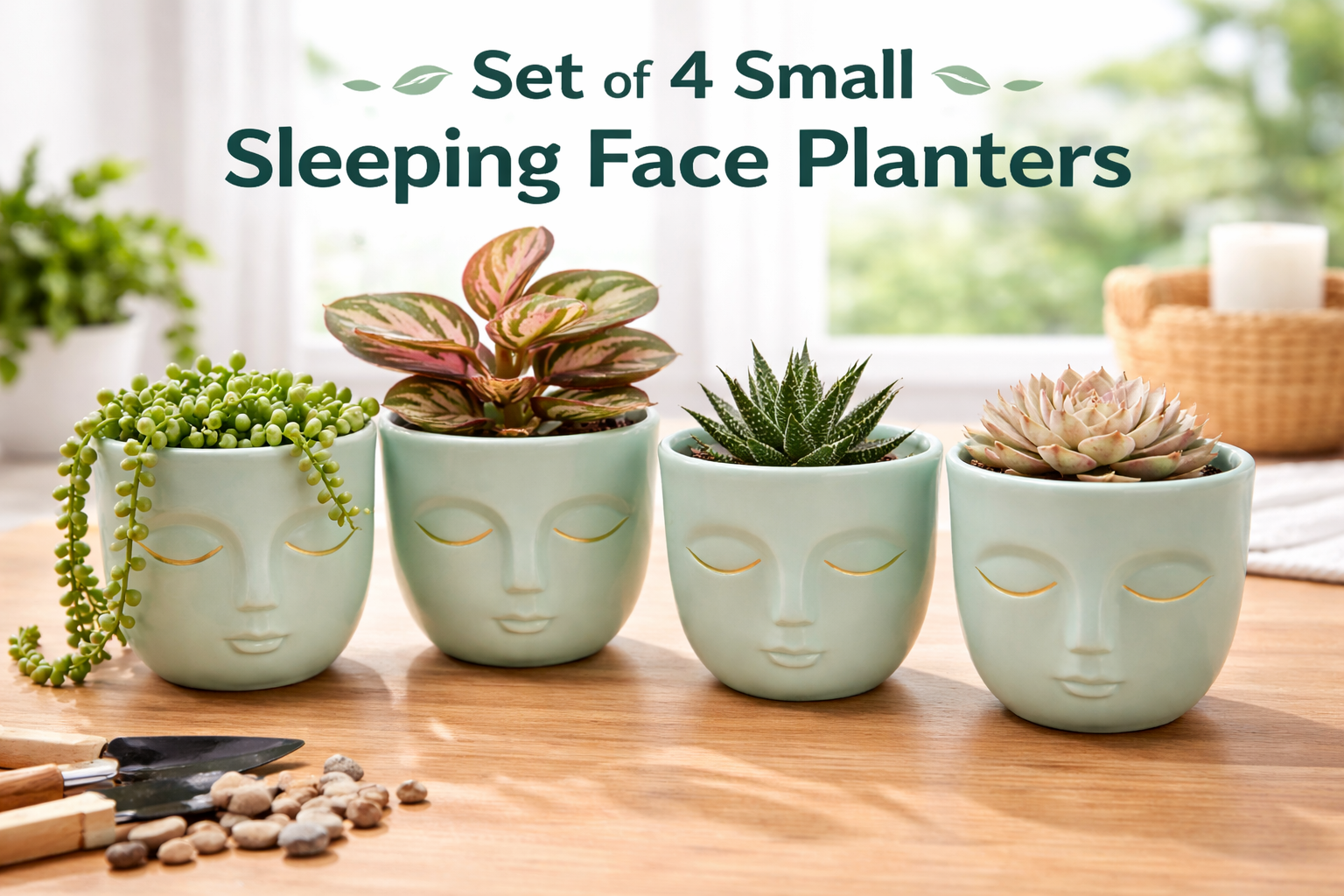 Set of 4 Small Sleeping Face Planters – Mini Decorative Flower Pots for Succulents, Desk & Home Décor