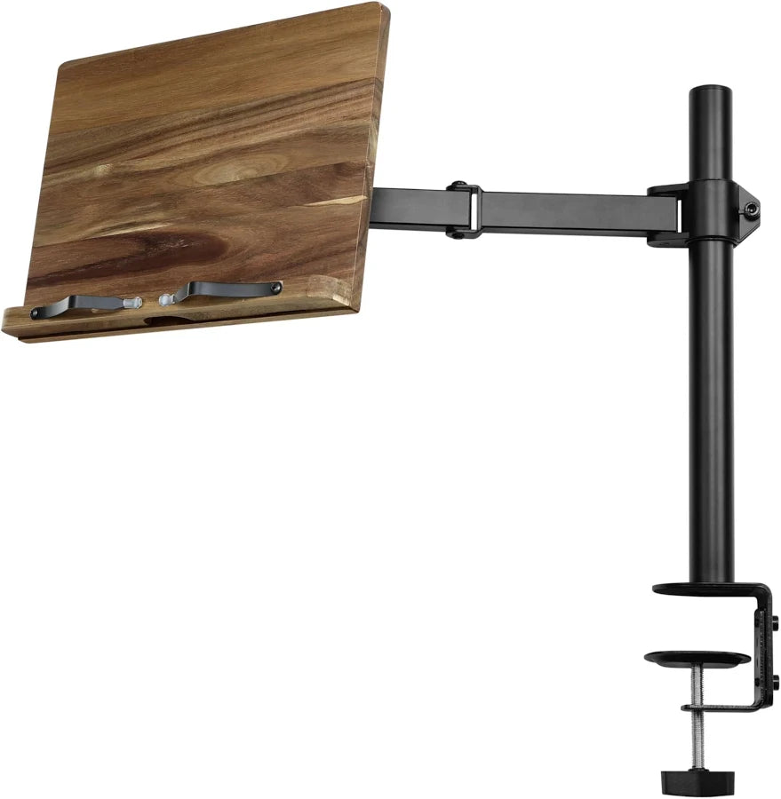 Navaris Wooden Book Stand with Clamp – Adjustable Reading Holder for Books, Cookbooks, Sheet Music, Tablets & E-Readers – Acacia Wood Book Rest 13.39" x 17.72" x 21.65"