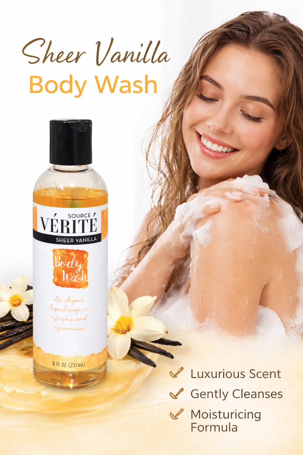 Source Verite Sheer Vanilla Body Wash – Gentle Hydrating Liquid Soap – 8 fl oz (237 mL)