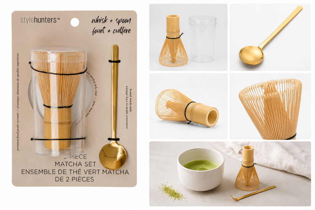 Stylehunters 2-Piece Matcha Tea Set with Bamboo Whisk & Gold-Tone Stainless Steel Spoon