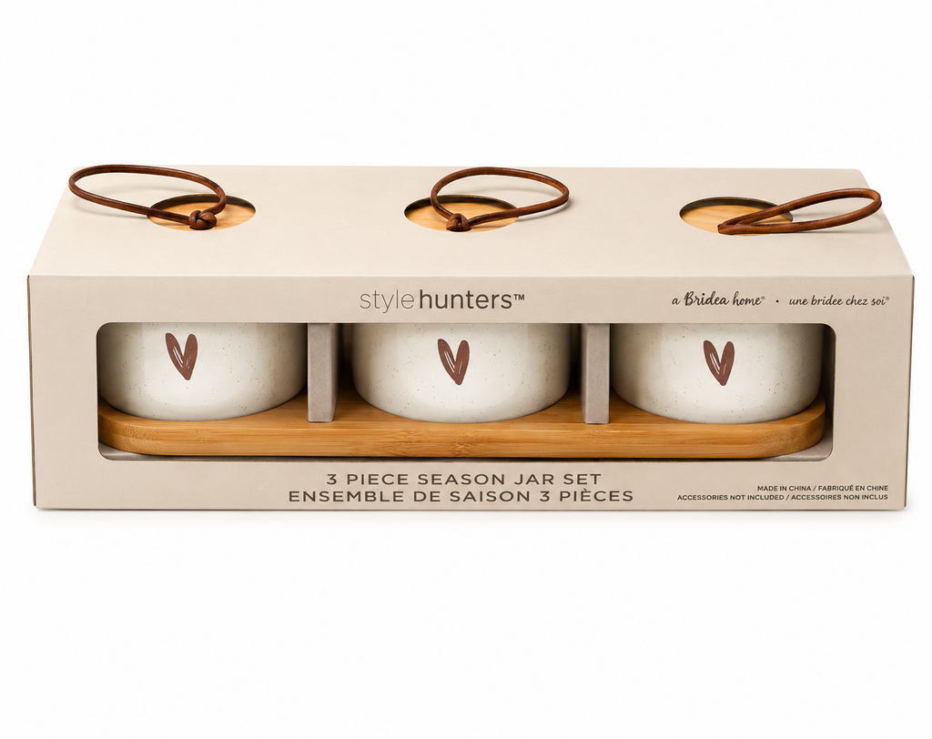 Stylehunters 3-Piece Ceramic Seasoning & Spice Jar Set with Wooden Base, Ceramic Spoons & Leather Strap Lids