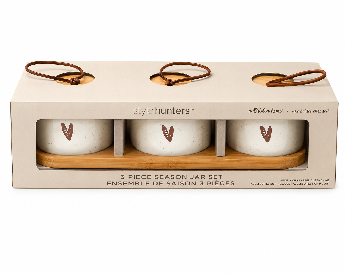 Stylehunters 3-Piece Ceramic Seasoning & Spice Jar Set with Wooden Base, Ceramic Spoons & Leather Strap Lids