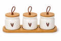 Stylehunters 3-Piece Ceramic Seasoning & Spice Jar Set with Wooden Base, Ceramic Spoons & Leather Strap Lids