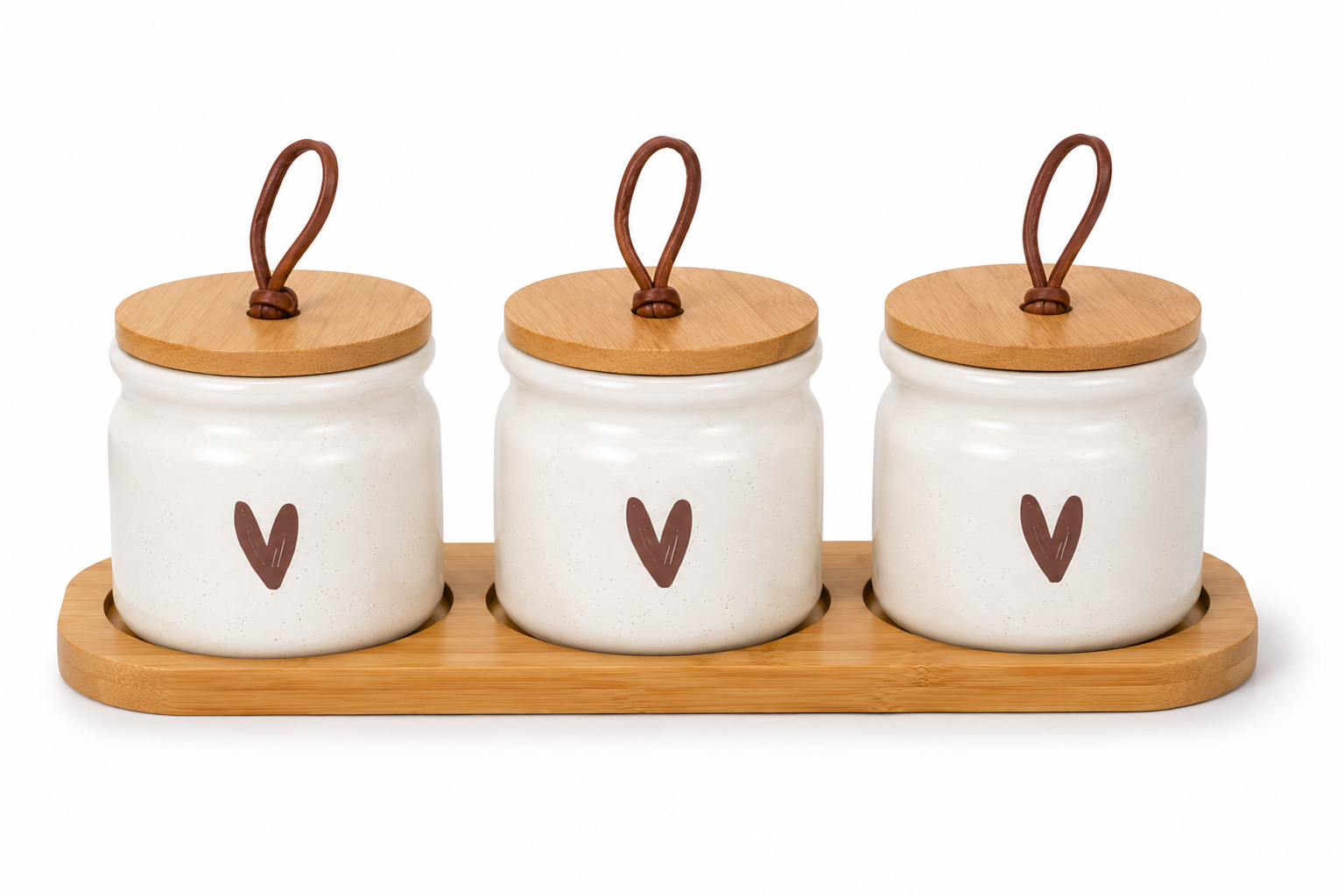 Stylehunters 3-Piece Ceramic Seasoning & Spice Jar Set with Wooden Base, Ceramic Spoons & Leather Strap Lids