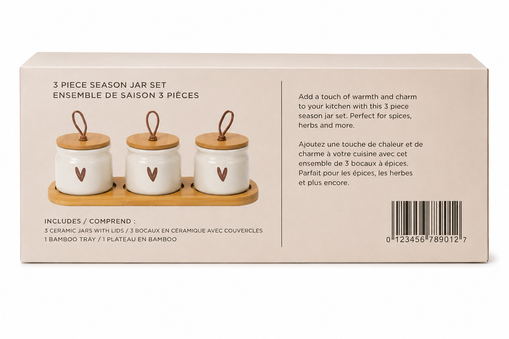 Stylehunters 3-Piece Ceramic Seasoning & Spice Jar Set with Wooden Base, Ceramic Spoons & Leather Strap Lids