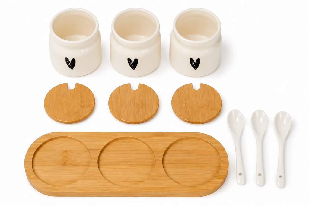 Stylehunters 3-Piece Ceramic Spice Jar Set with Wooden Base