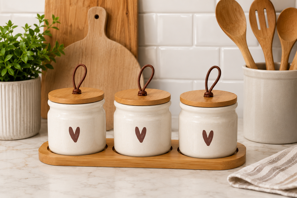 Stylehunters 3-Piece Ceramic Seasoning & Spice Jar Set with Wooden Base, Ceramic Spoons & Leather Strap Lids