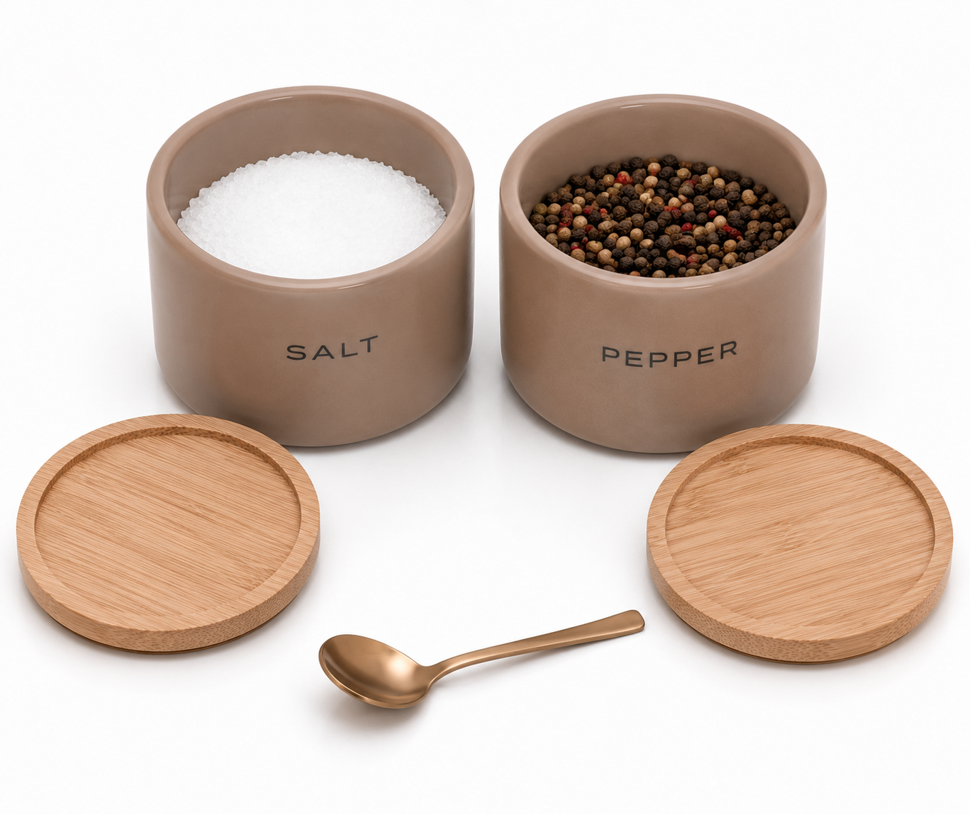 Stylehunters 3-Piece Ceramic Stackable Salt & Pepper Jar Set – Taupe with Metal Spoon