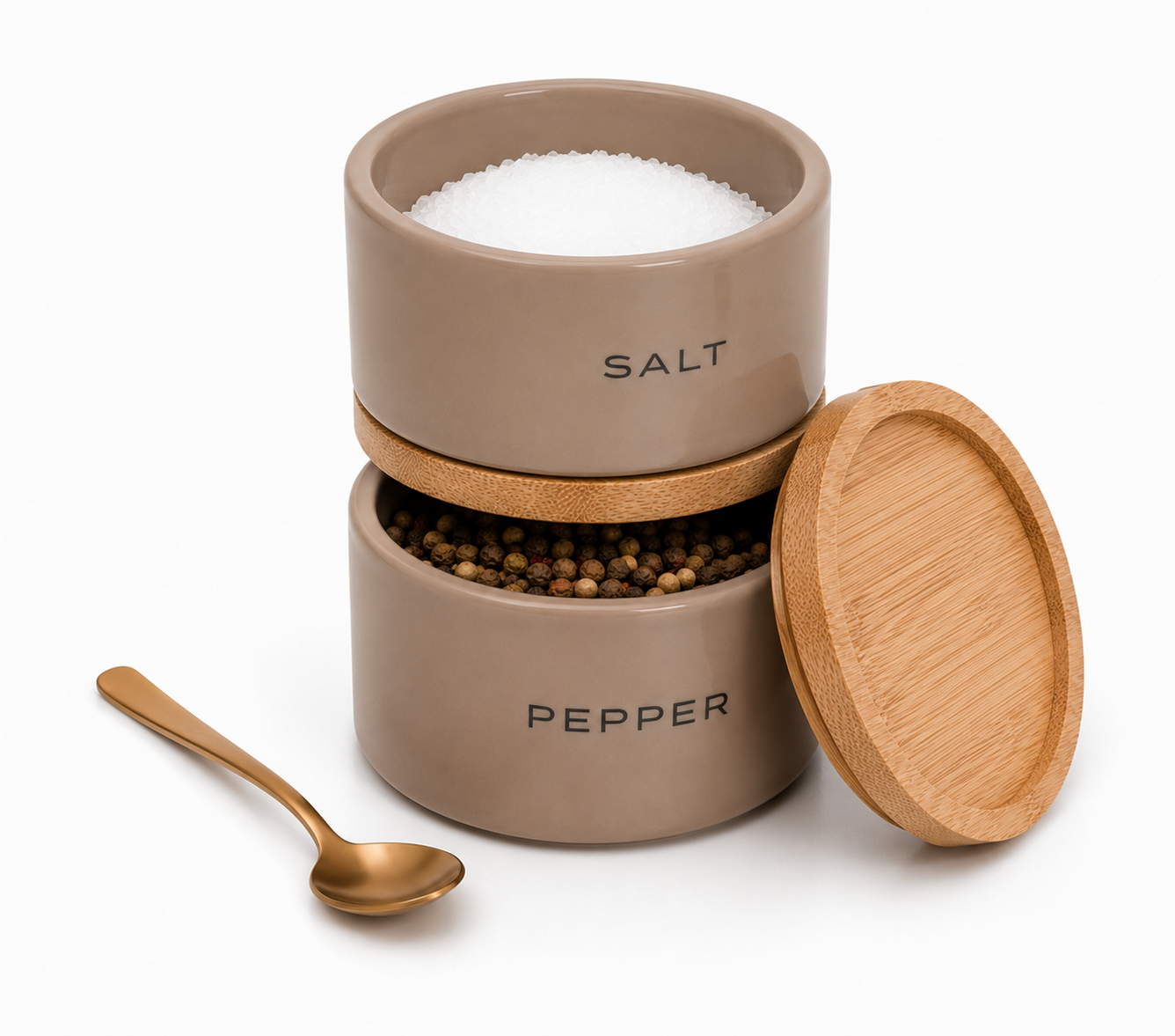 Stylehunters 3-Piece Ceramic Stackable Salt & Pepper Jar Set – Taupe with Metal Spoon