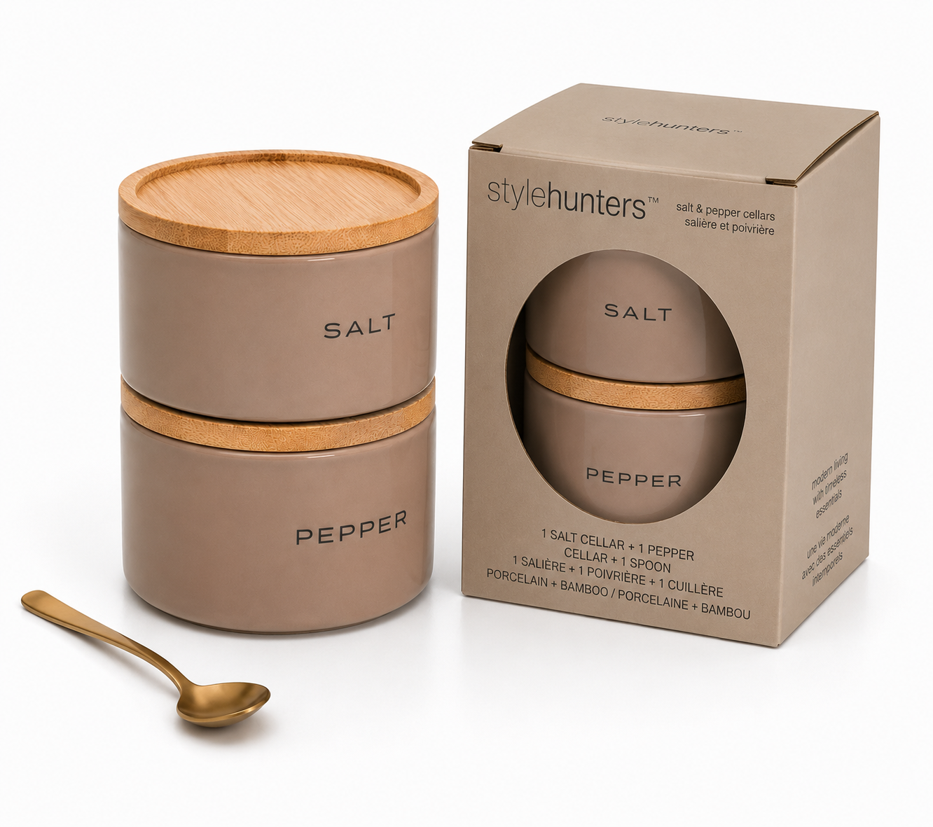 Stylehunters 3-Piece Ceramic Stackable Salt & Pepper Jar Set – Taupe with Metal Spoon