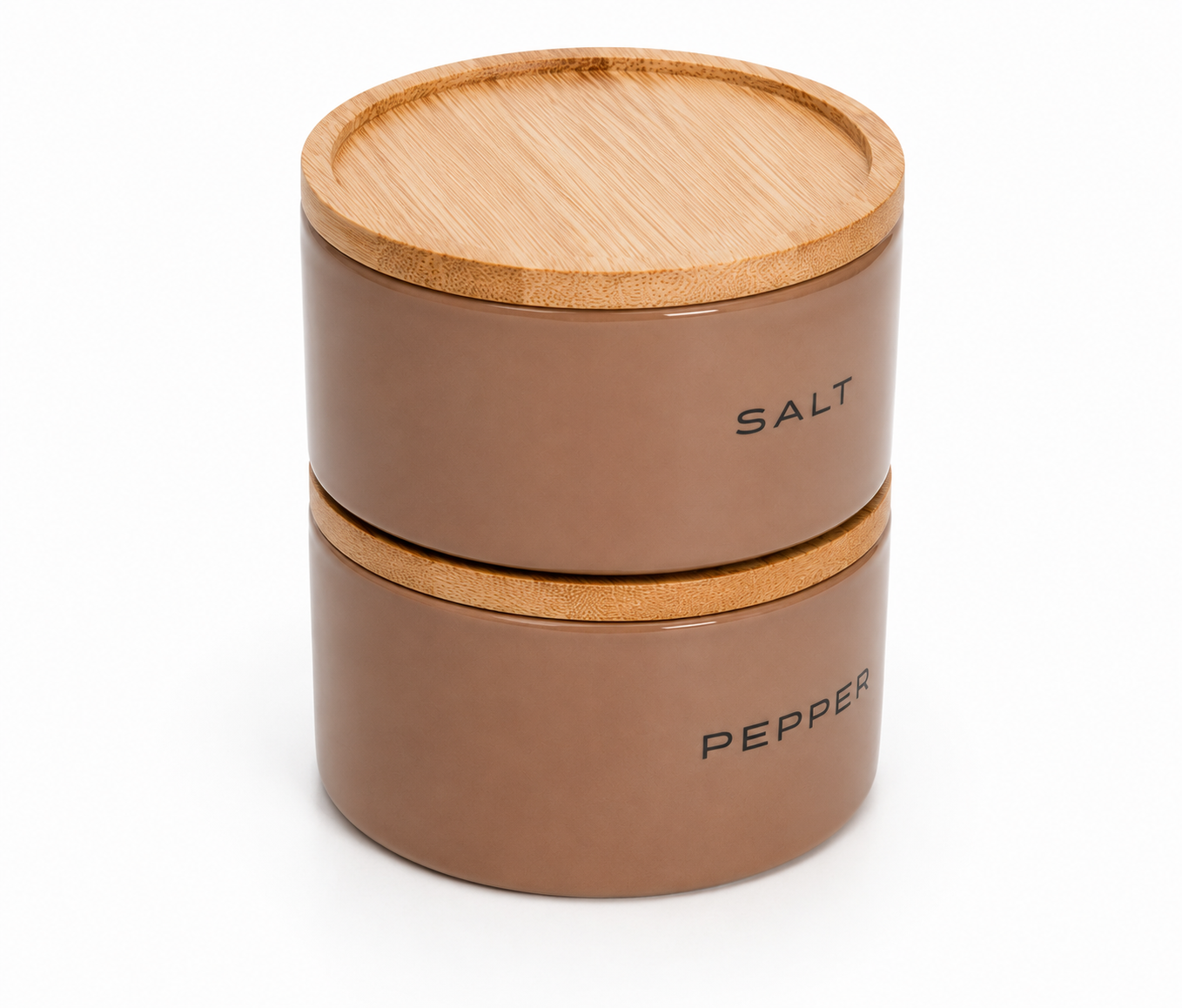 Stylehunters 3-Piece Ceramic Stackable Salt & Pepper Jar Set – Taupe with Metal Spoon