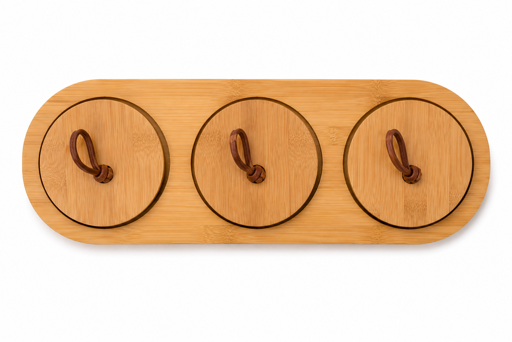 Stylehunters 3-Piece Ceramic Seasoning & Spice Jar Set with Wooden Base, Ceramic Spoons & Leather Strap Lids