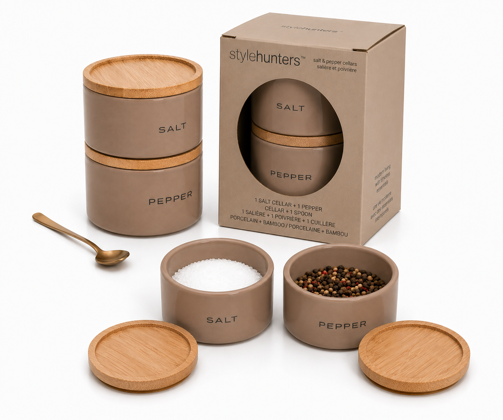 Stylehunters 3-Piece Ceramic Stackable Salt & Pepper Jar Set – Taupe with Metal Spoon