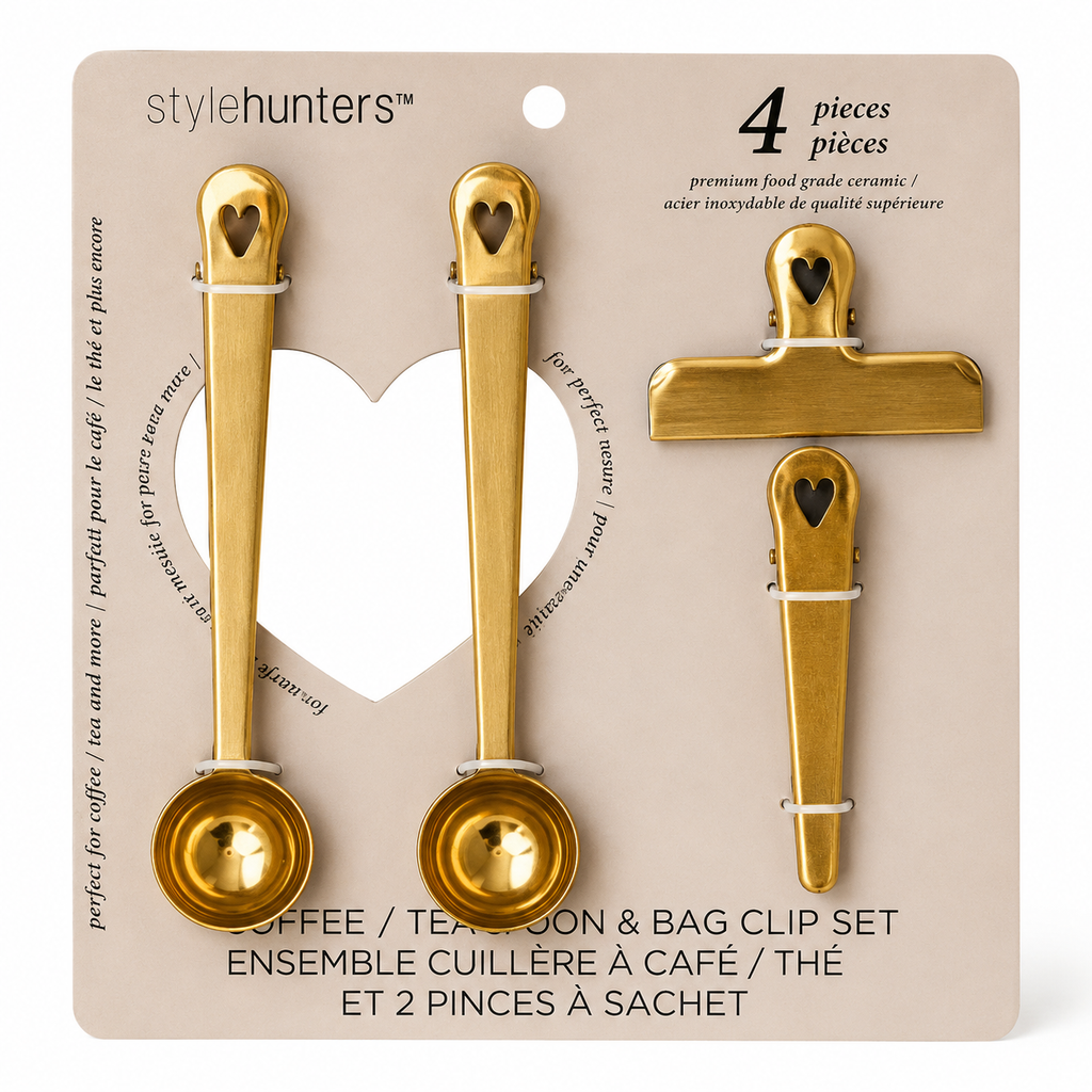 Stylehunters 4-Piece Coffee & Tea Spoon Clip Set – Gold | Scoop Measuring Spoons & Bag Clips