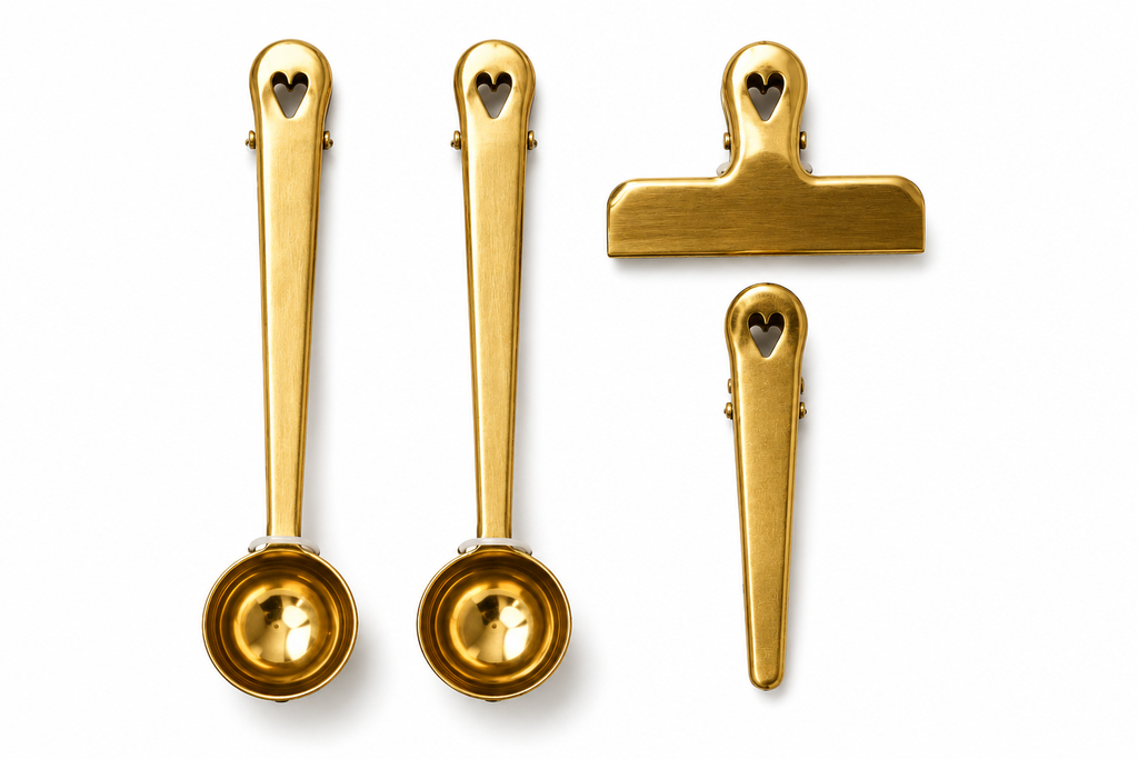 Stylehunters 4-Piece Coffee & Tea Spoon Clip Set – Gold | Scoop Measuring Spoons & Bag Clips