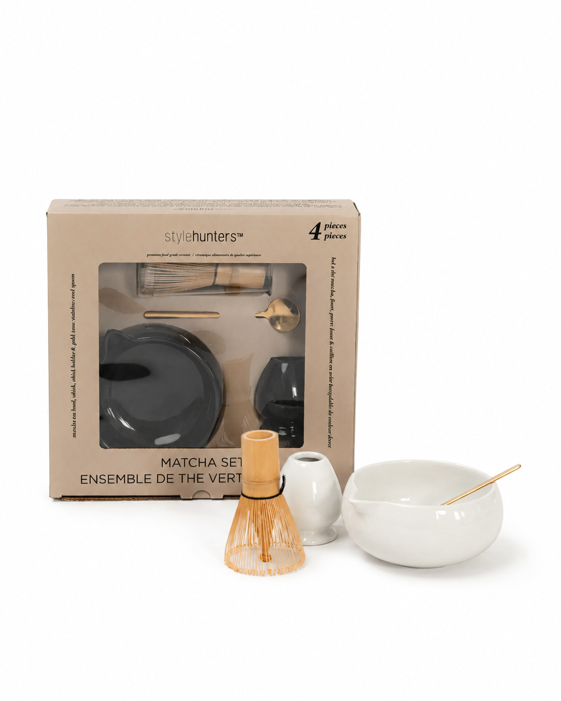 Stylehunters 4-Piece Matcha Tea Set with Bamboo Whisk, Whisk Holder & Gold Spoon – White