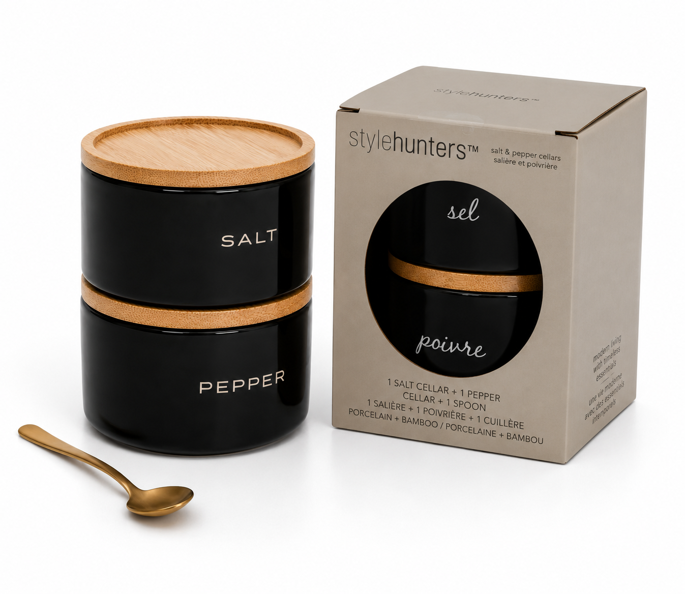 Stylehunters 3-Piece Ceramic Stackable Salt & Pepper Jar Set – Black with Metal Spoon