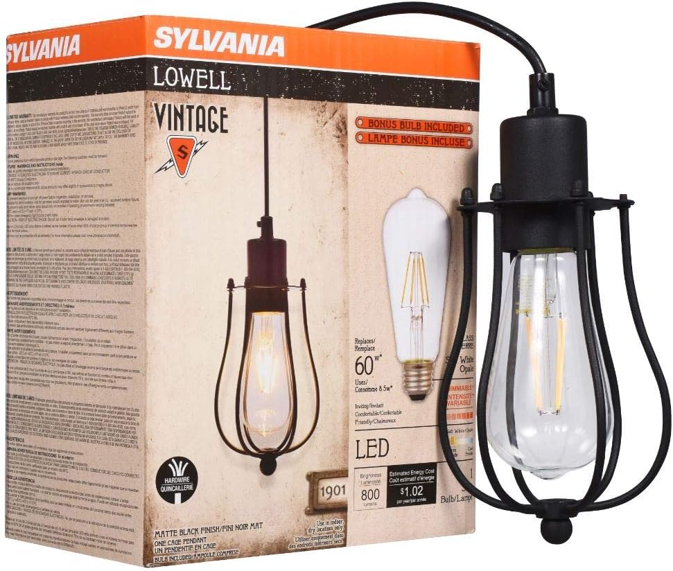 Sylvania Lowell Vintage Cage Pendant Light – Matte Black Plug-In – Model 1901