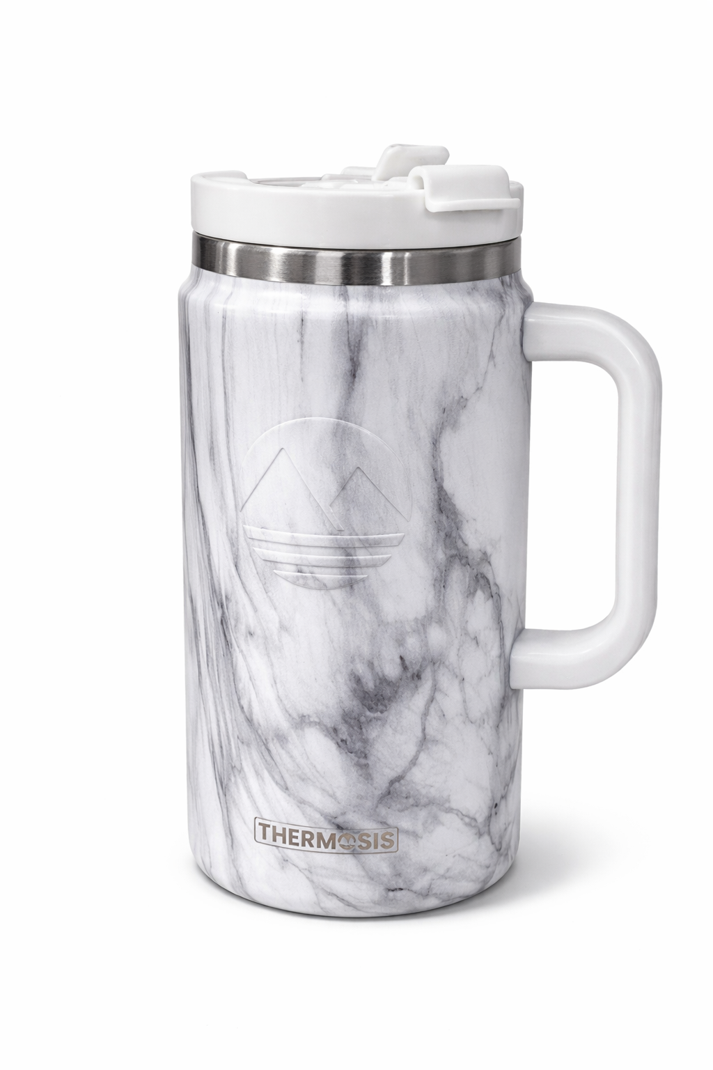 Thermosis 64 oz Marble Tumbler with Handle – Insulated Stainless Steel Travel Mug with Lid | Leakproof, BPA-Free (Carrara White)