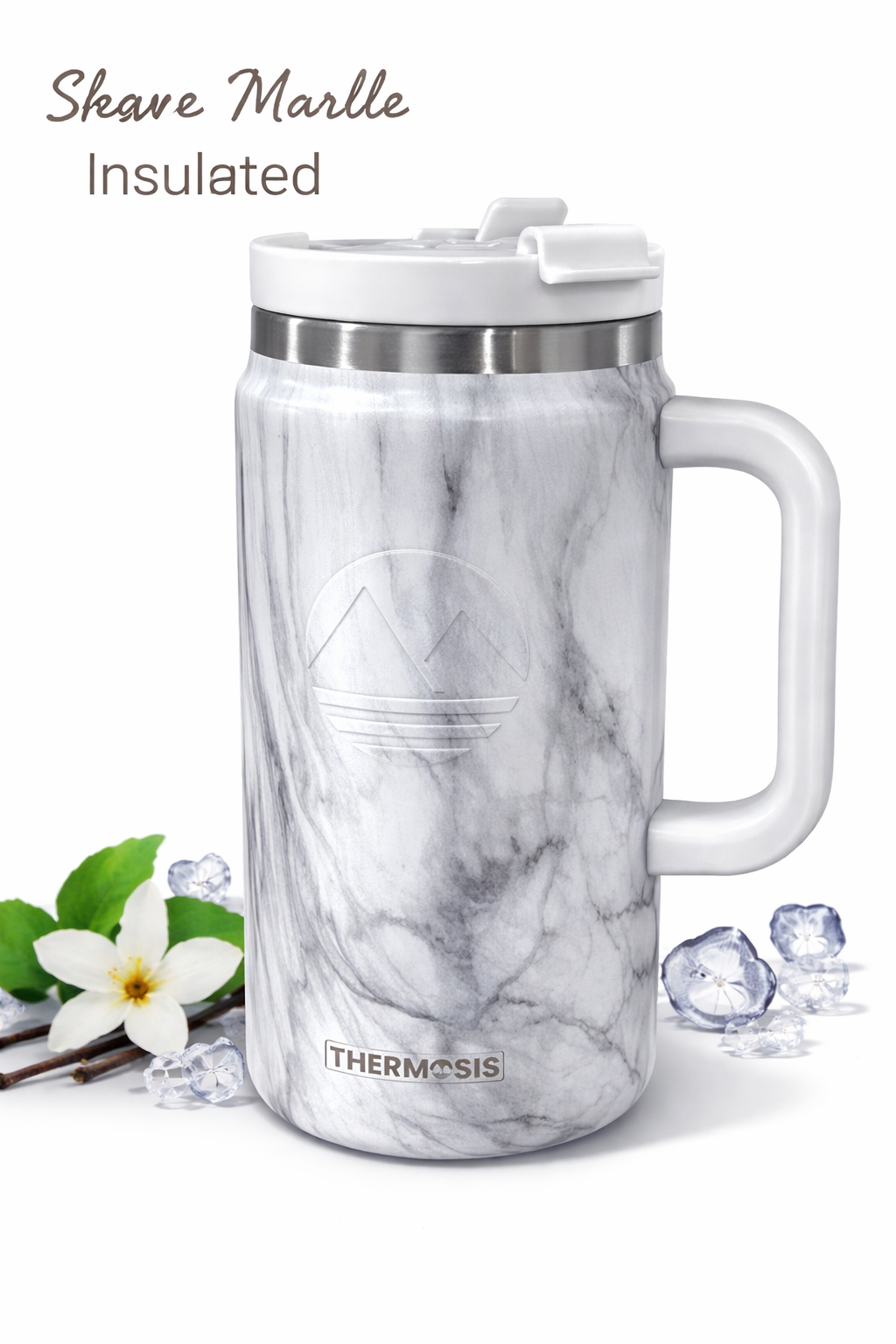Thermosis 64 oz Marble Tumbler with Handle – Insulated Stainless Steel Travel Mug with Lid | Leakproof, BPA-Free (Carrara White)