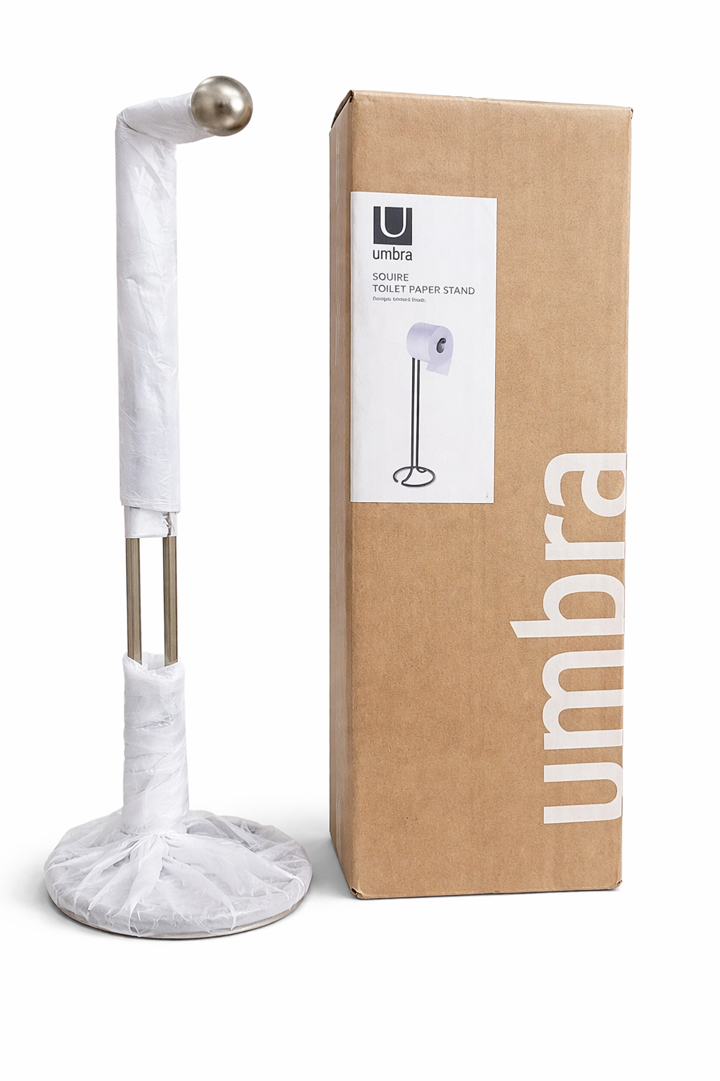 Umbra Squire Toilet Paper Stand – Modern Freestanding Bathroom Tissue Holder (Metal Finish)