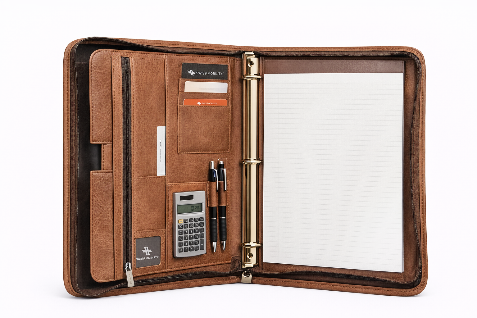 Zippered Leather Portfolio Organizer with Calculator & Notepad – Professional Business Padfolio